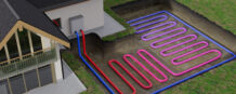 Horizontal ground source heat pump system for heating home with geothermal energy. 3D rendered illustration.